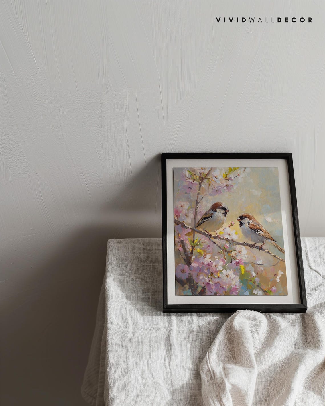Two Sparrows on Cherry Blossom Branch Spring Bird Art Poster - Image 3