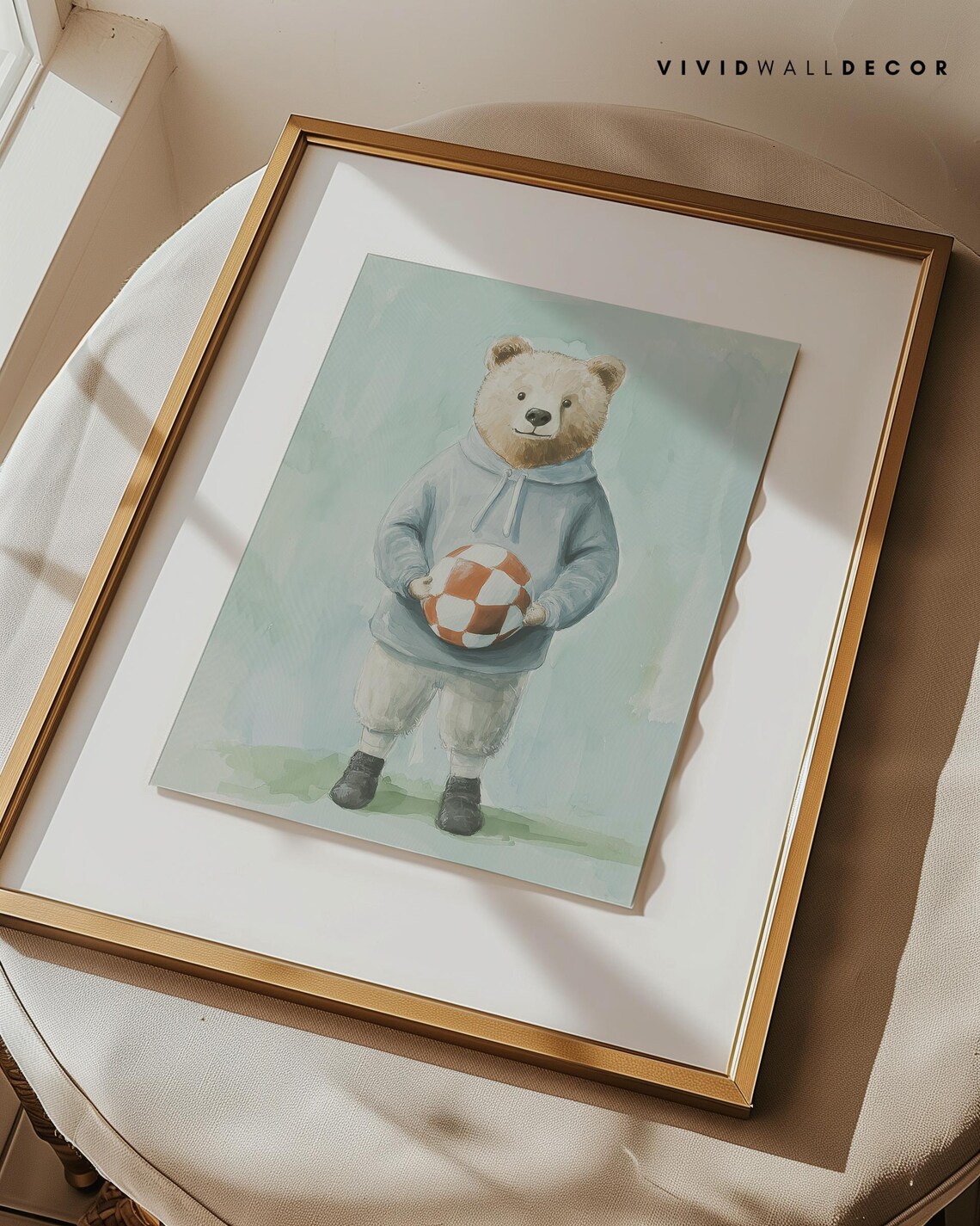 Bear in Blue Hoodie With Soccer Ball Watercolor Art Poster Kids Decor - Image 3