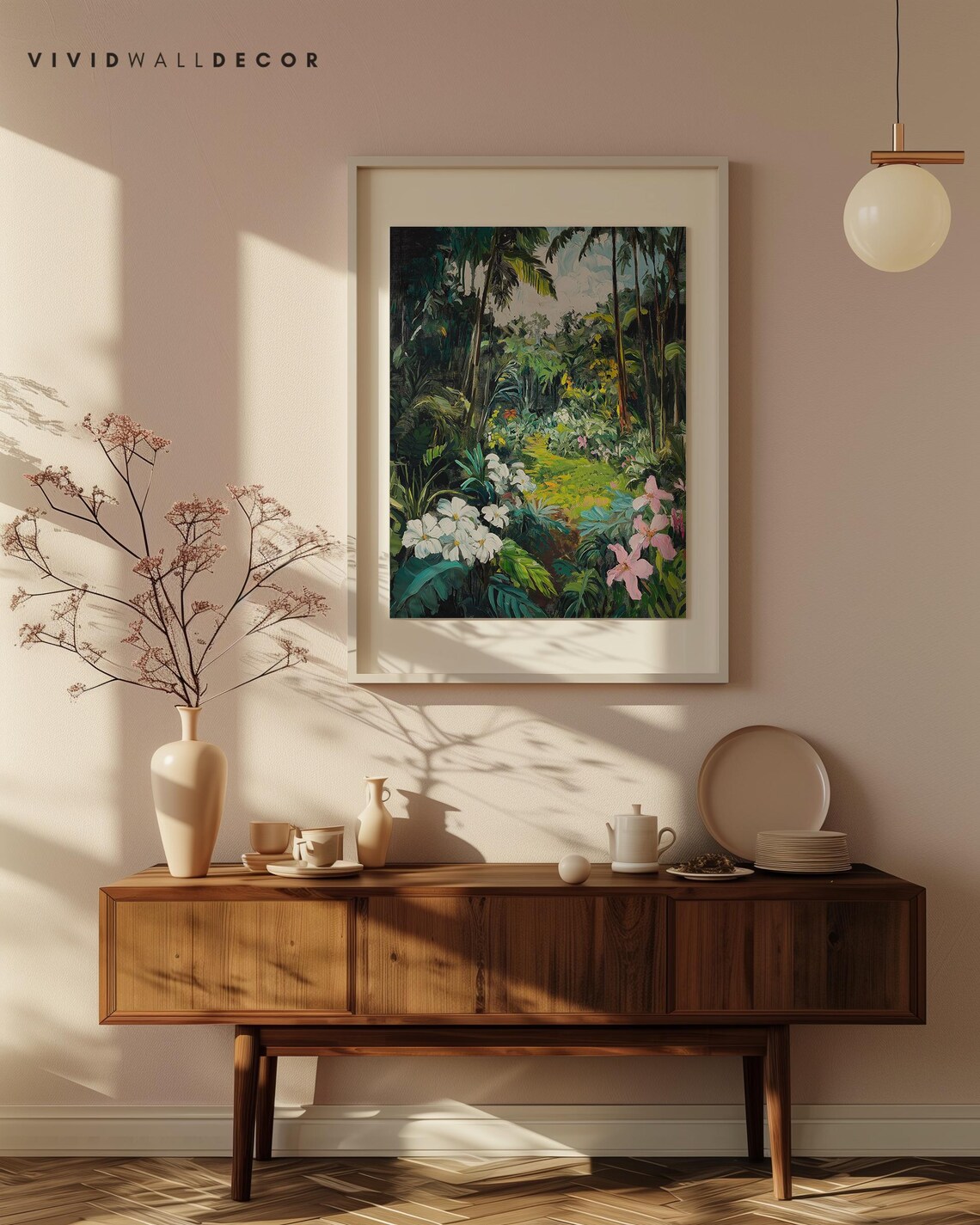Lush Jungle Garden With White and Pink Tropical Flowers Poster - Image 4