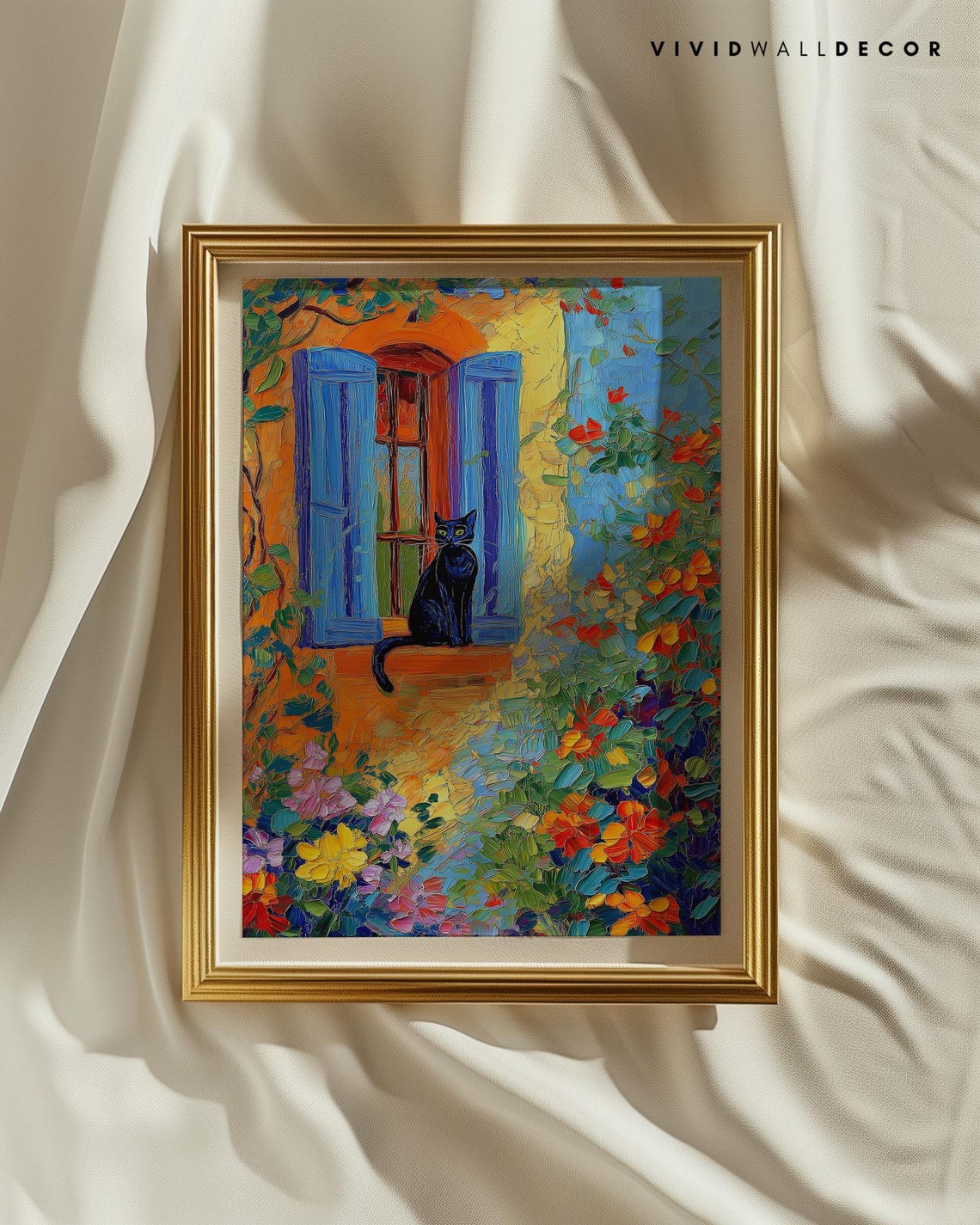 Black Cat on Mediterranean Window with Colorful Flowers Art Poster - Image 2