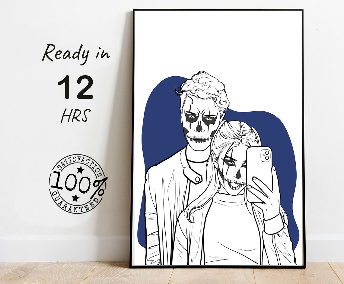 Custom Line Drawing Couple With Skull Face Paint Selfie Poster