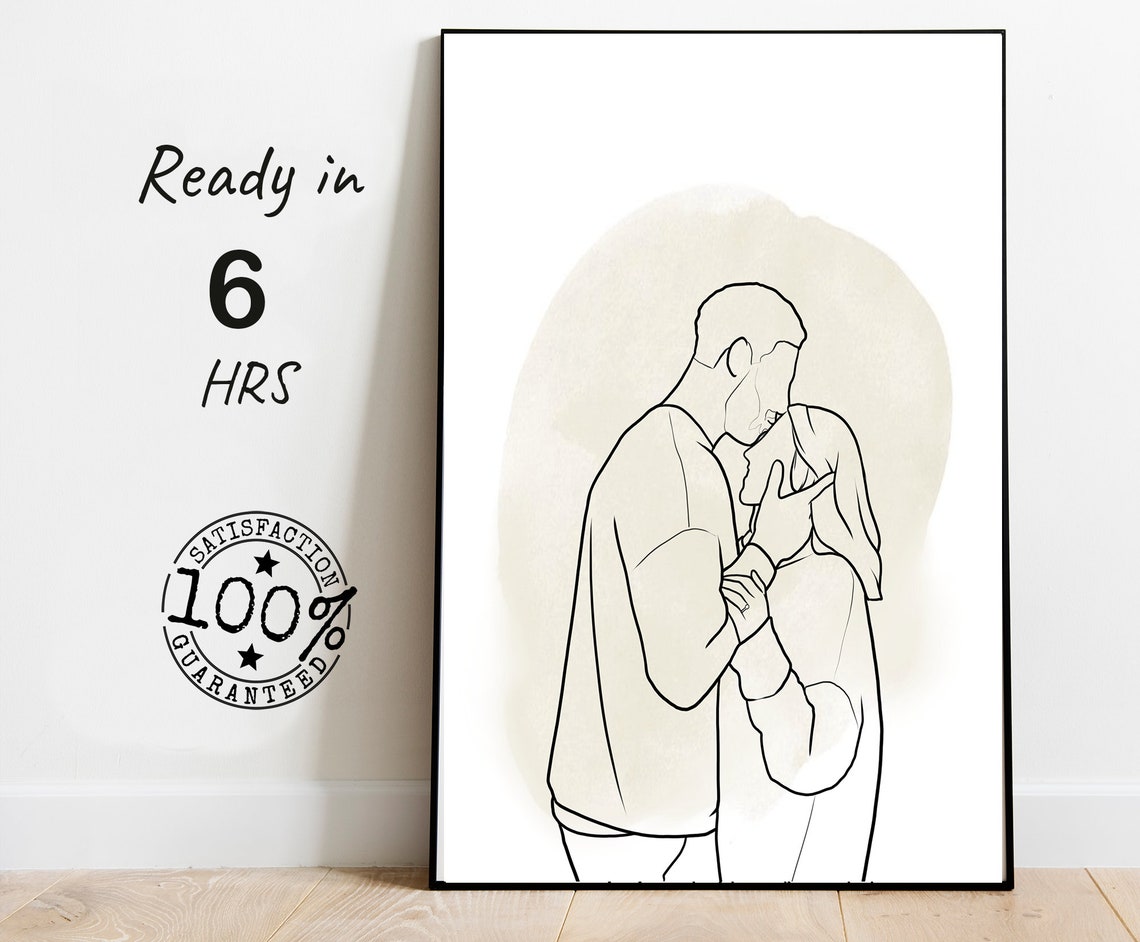 Faceless Kissing Couple Line Art Portrait With Cream Wash Poster