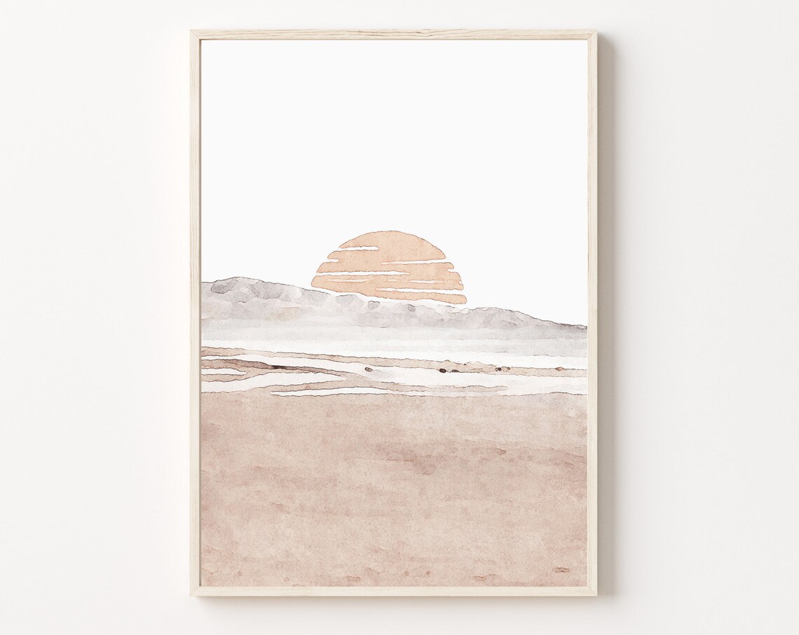 Blush Sunset Coastal Watercolor Mountain Seascape Art Poster