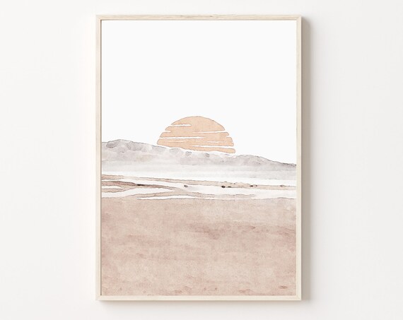 Blush Sunset Coastal Watercolor Mountain Seascape Art Poster