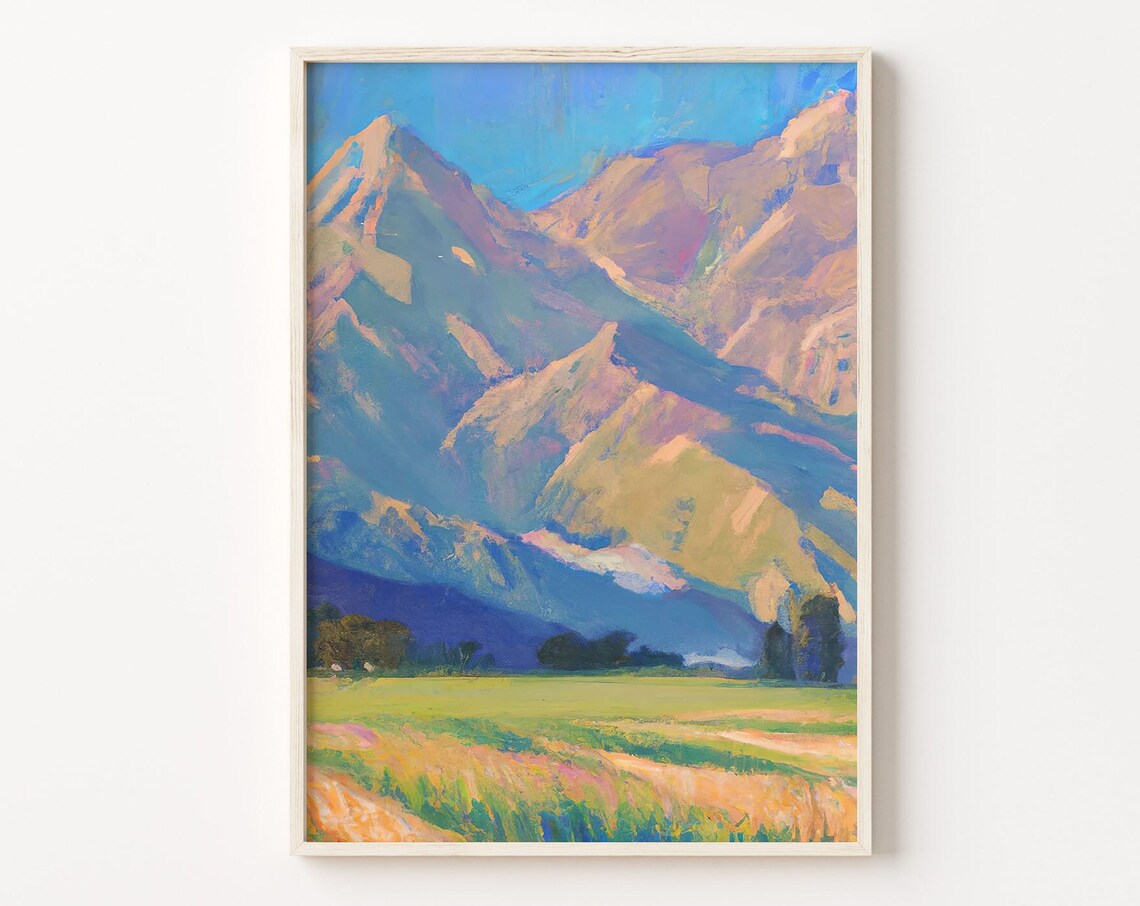 Impressionist Mountain Peaks Golden Meadow Vibrant Nature Wall Art