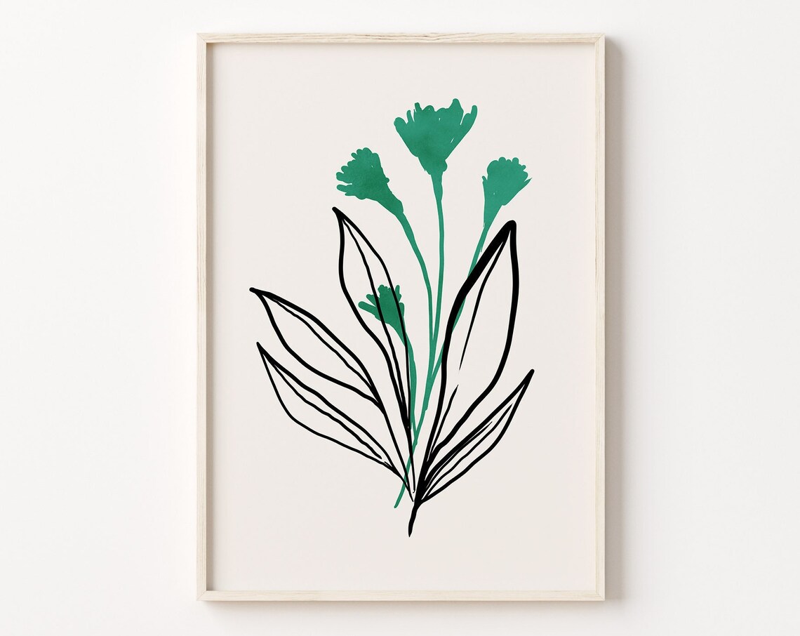 Botanical Line Art Design Teal Green Flowers Minimalist Wall Poster