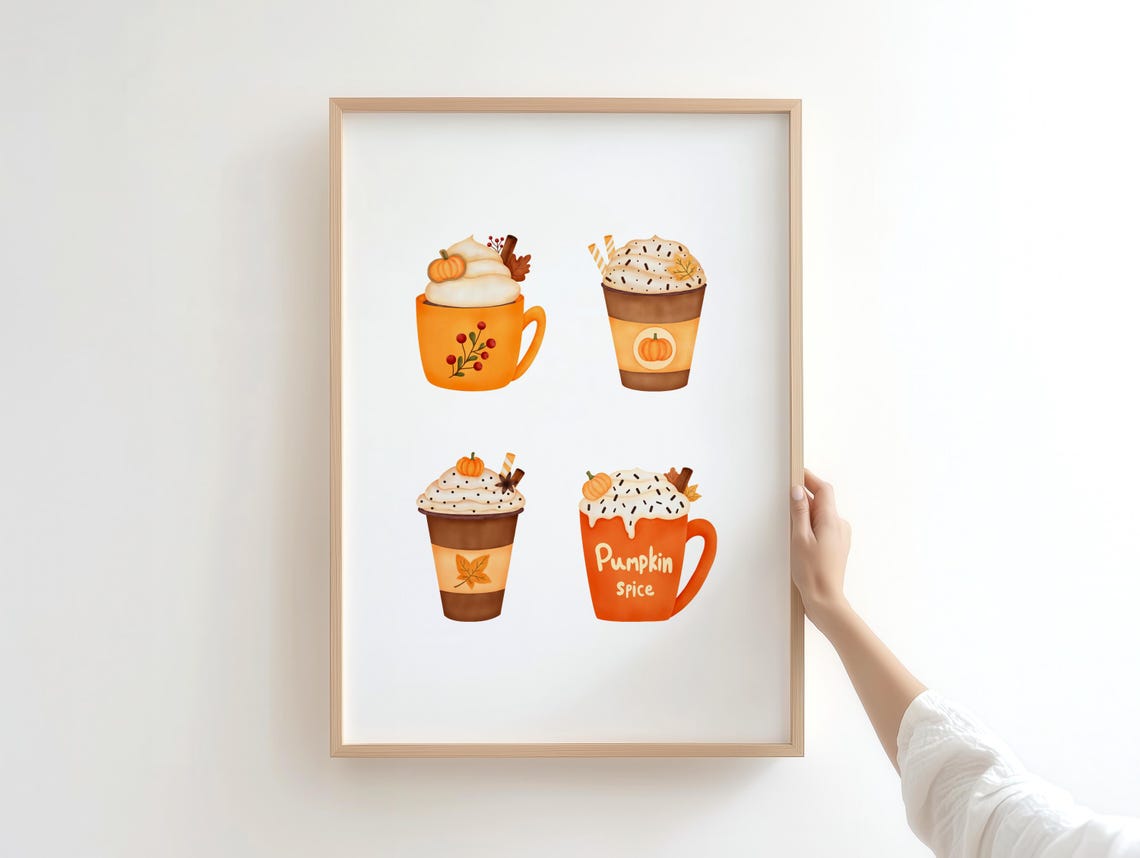 Pumpkin Spice Drinks Print Cozy Fall Coffee Bar Art