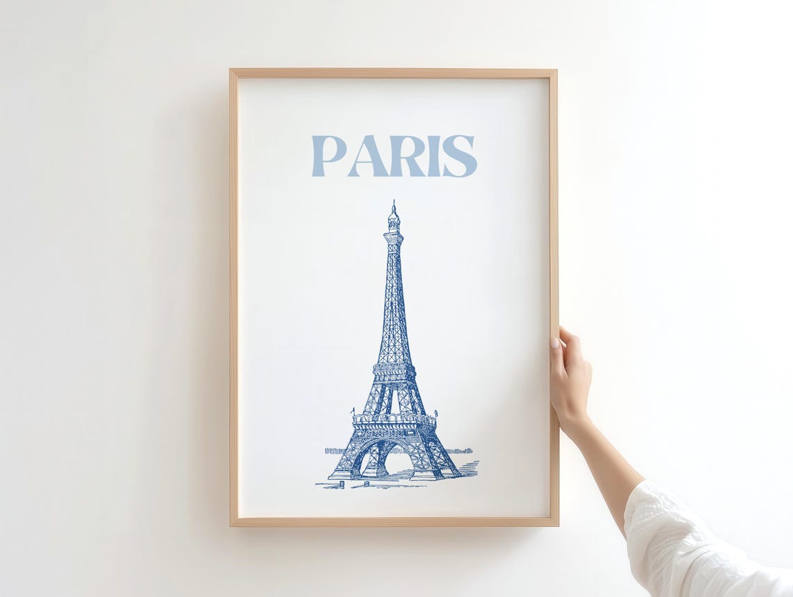 Paris Eiffel Tower Minimalist Blue Line Art France Travel City Poster
