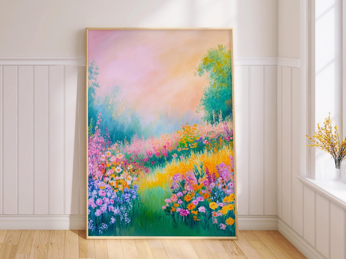 Wildflower Meadow at Sunrise Colorful Floral Field Painting Wall Art - Image 2