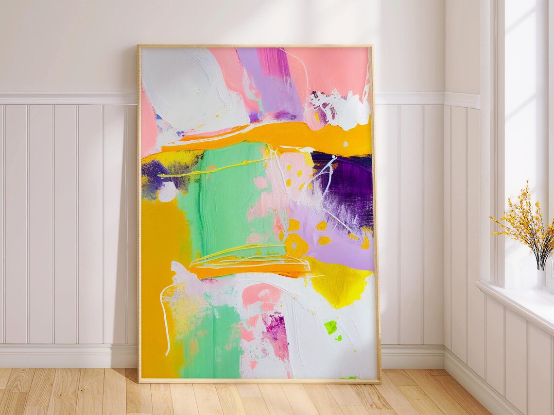 Mint Green Golden Yellow Lilac Airy Abstract Brushstroke Poster - Image 2