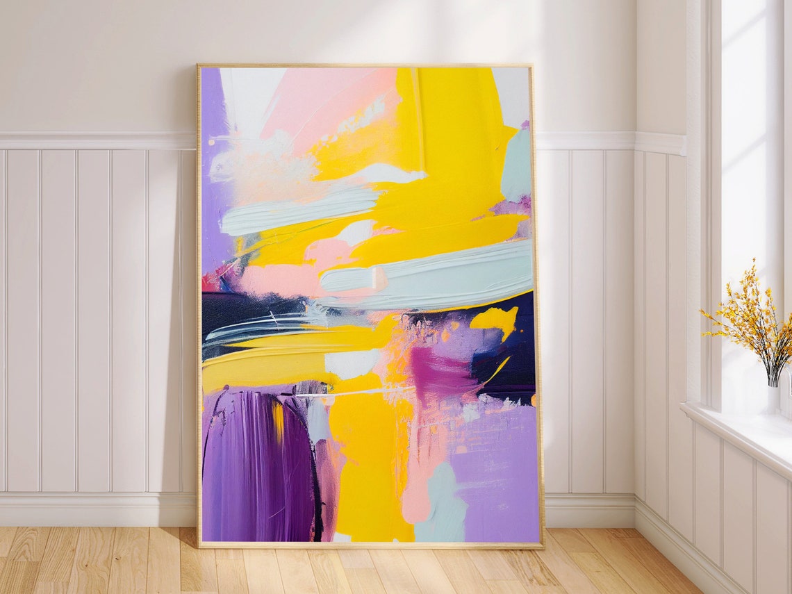 Energetic Abstract Yellow Purple Navy Brushwork Modern Canvas Wall Art