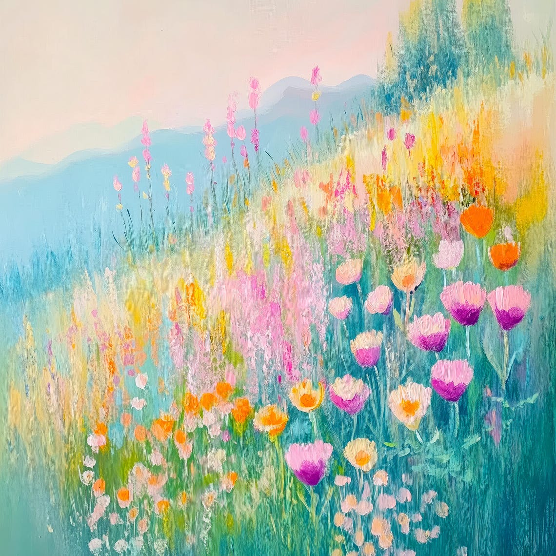 Wildflower Hillside Impressionist Landscape Blooming Meadow Wall Art - Image 3