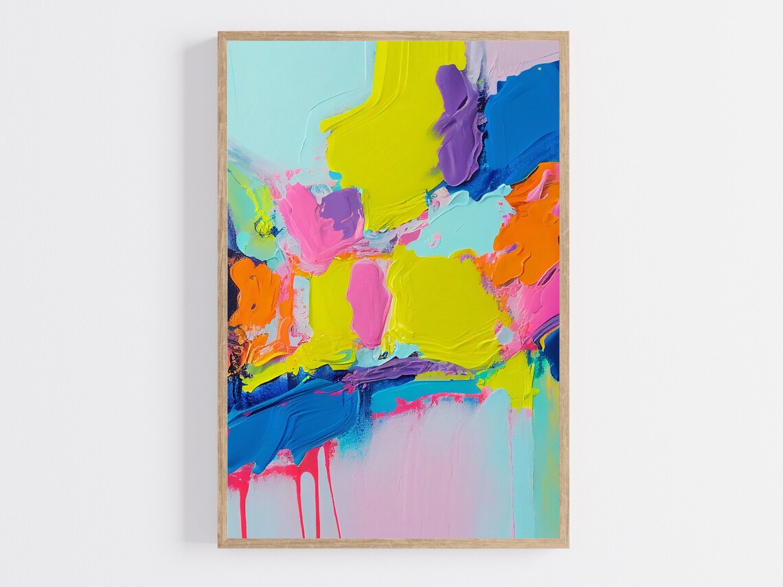 Lime Yellow Blue and Purple Bold Abstract Oil Painting Poster - Image 4