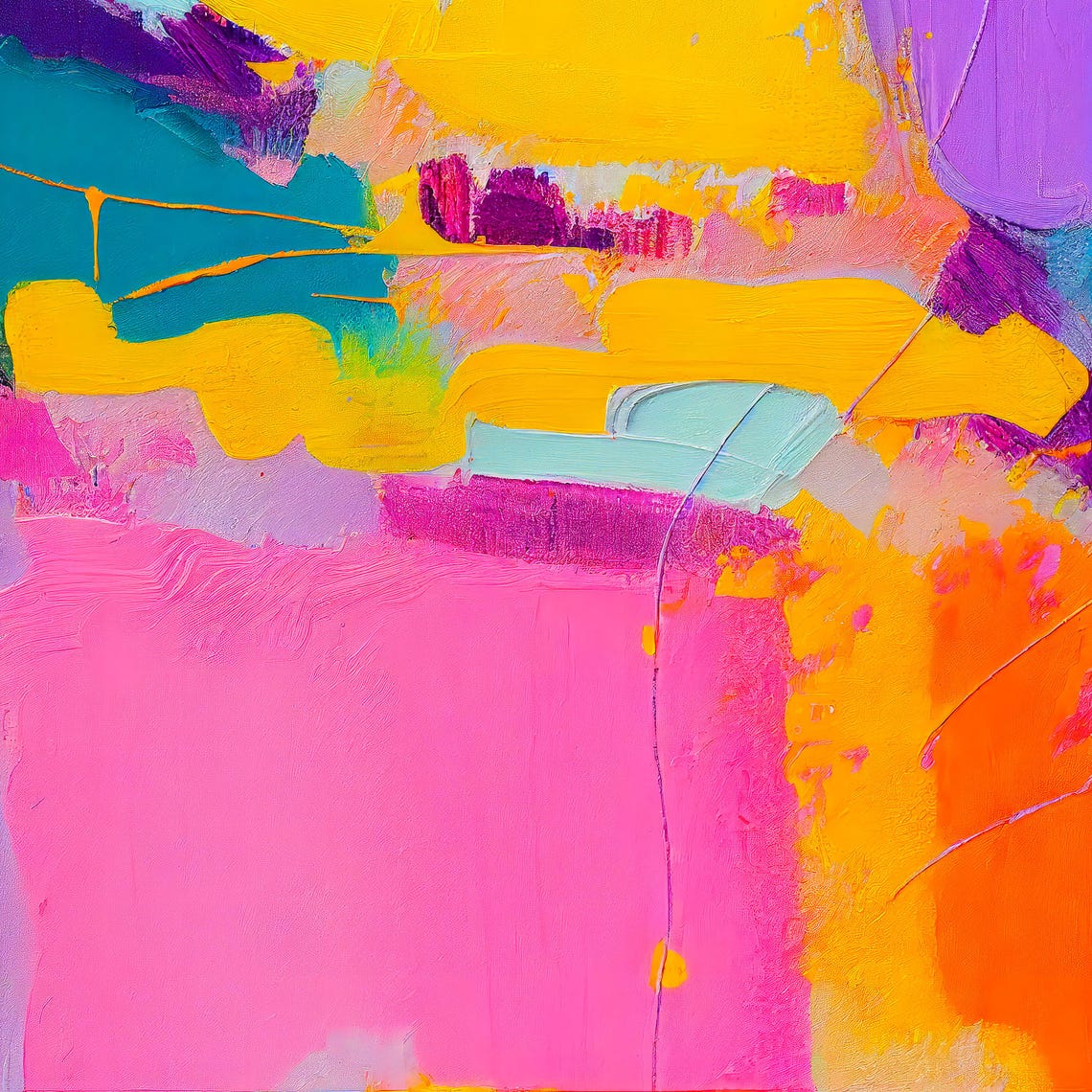 Vibrant Abstract Yellow Pink Teal Orange Expressive Painting Wall Art - Image 3