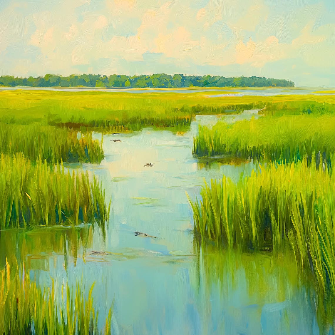 Green Salt Marsh Waterway Serene Wetland Landscape Painting Wall Art - Image 3