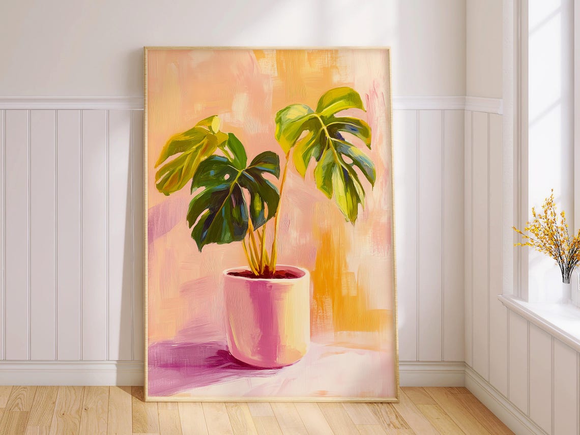 Monstera in Pink Pot Bold Tropical Leaf Painting Modern Wall Art - Image 2