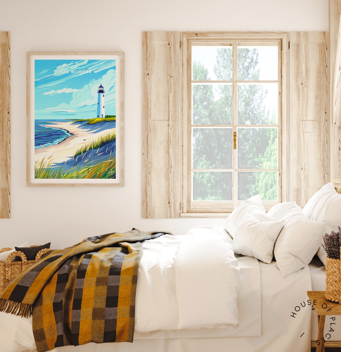 Lake Michigan Lighthouse Sandy Beach Dunes Grass Scenic Travel Poster - Image 3