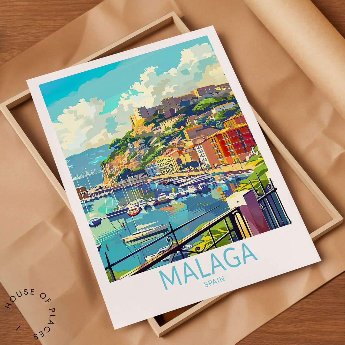 Malaga Spain Historic Harbor Colorful Castle Coastal Travel Poster - Image 2