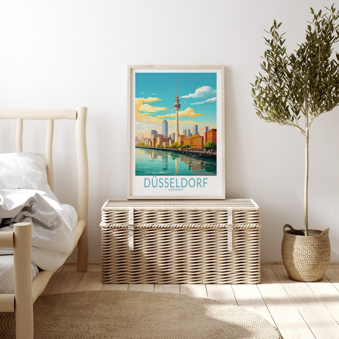 Dusseldorf Germany Rheinturm Tower Rhine River Sunset Skyline Poster - Image 3