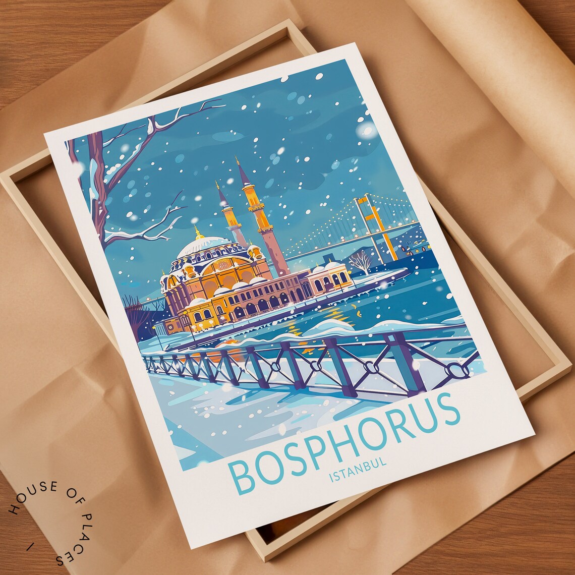 Bosphorus Istanbul Snowy Winter Mosque Bridge Vintage Travel Poster - Image 2