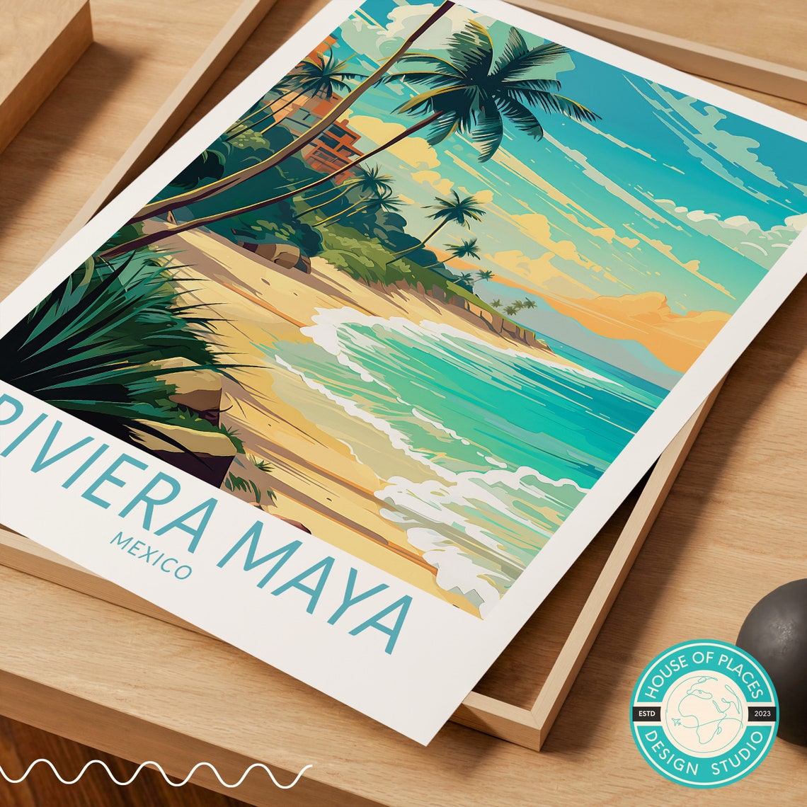 Riviera Maya Mexico Palm Beach Travel Poster with Turquoise Waves - Image 2