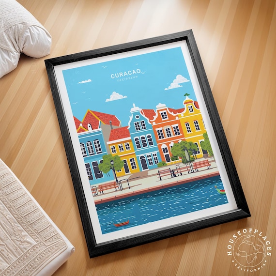Curacao Caribbean Colorful Dutch Style Waterfront Harbor Travel Poster