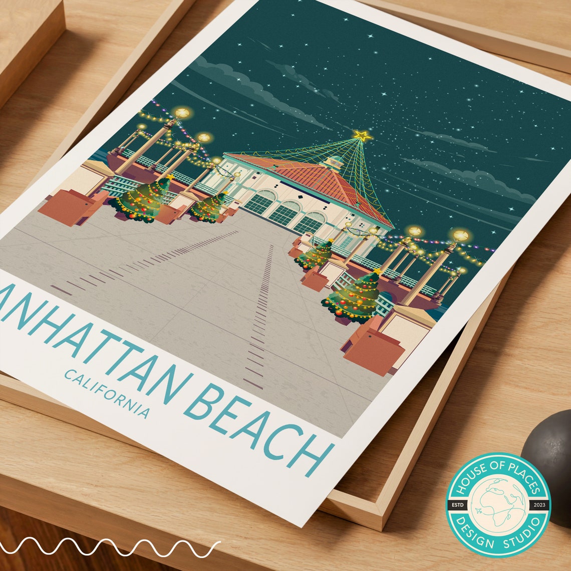 Manhattan Beach Christmas Lights Pier Poster with Teal Caption Below - Image 2