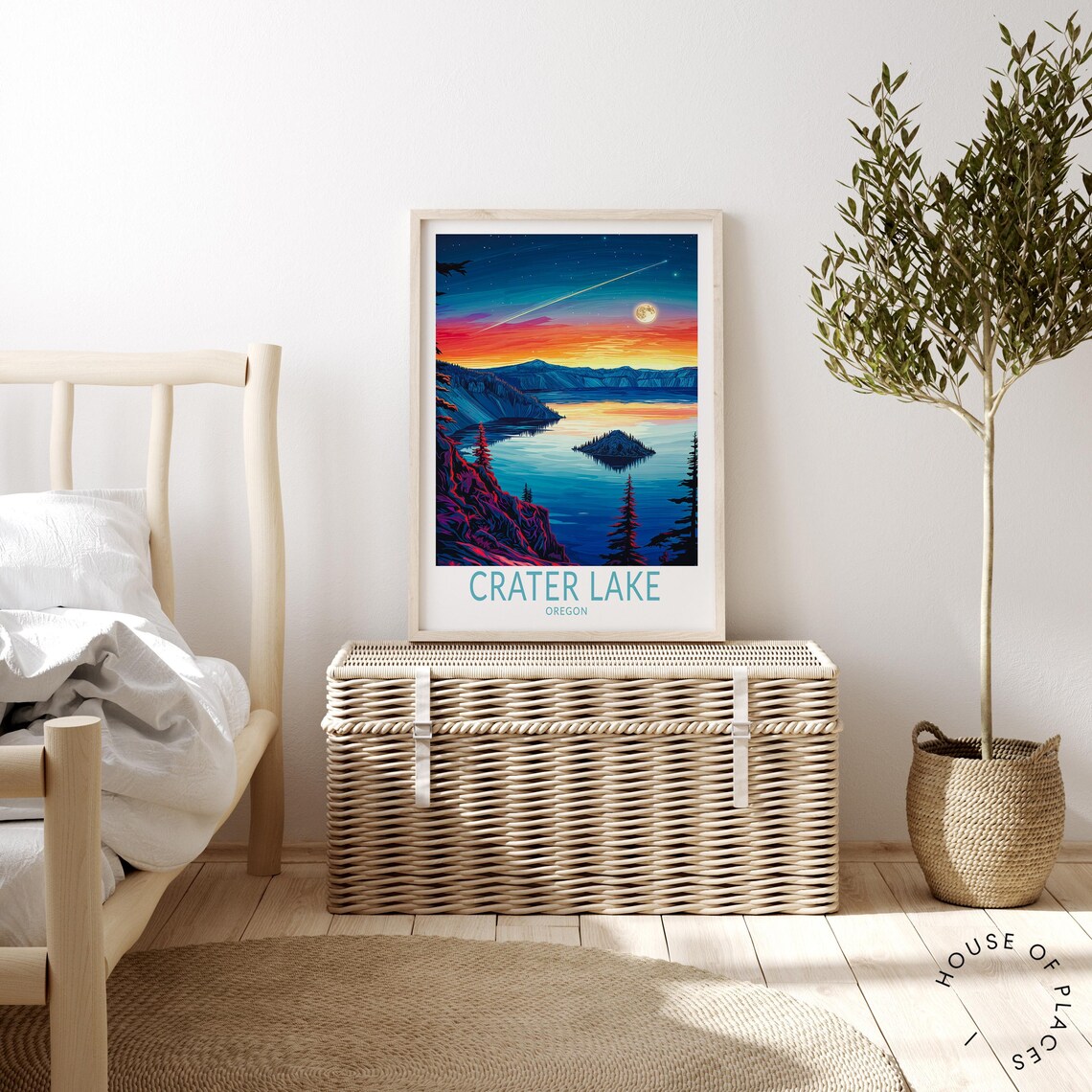 Crater Lake Moonrise Sunset Night Sky Oregon Retro Travel Poster - Image 4