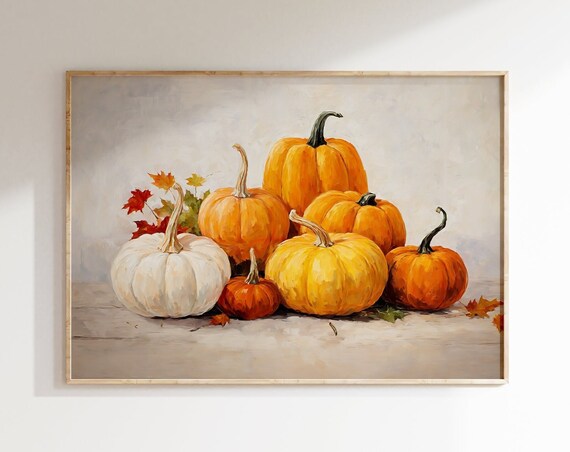 Orange and White Pumpkins Autumn Leaves Harvest Painting Decor Poster