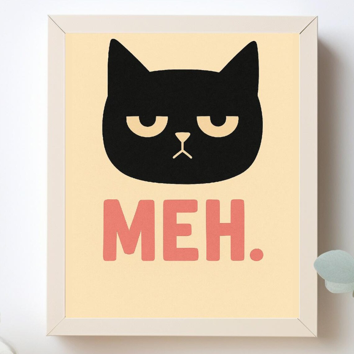 Meh Funny Grumpy Black Cat Face Cartoon Minimalist Art Poster