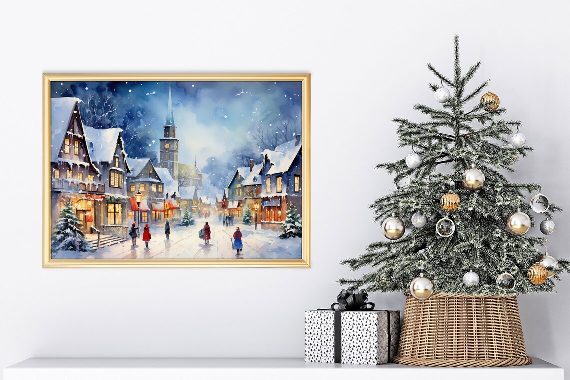Blue Christmas Village Night Watercolor Snowy Town Art Print - Image 5