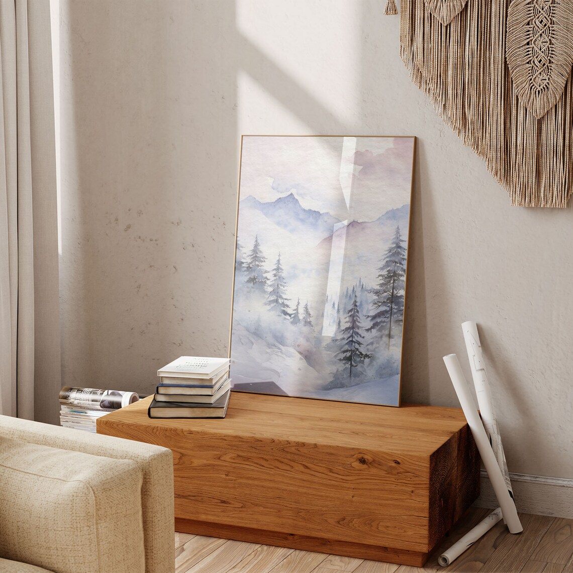Snowy Mountain Forest Mist Winter Watercolor Landscape Art Print - Image 6