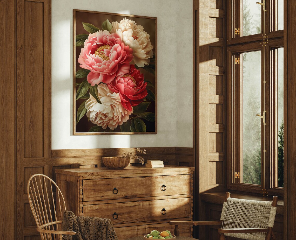 Pink Red Cream Peonies Dark Brown Background Botanical Floral Poster - Image 8
