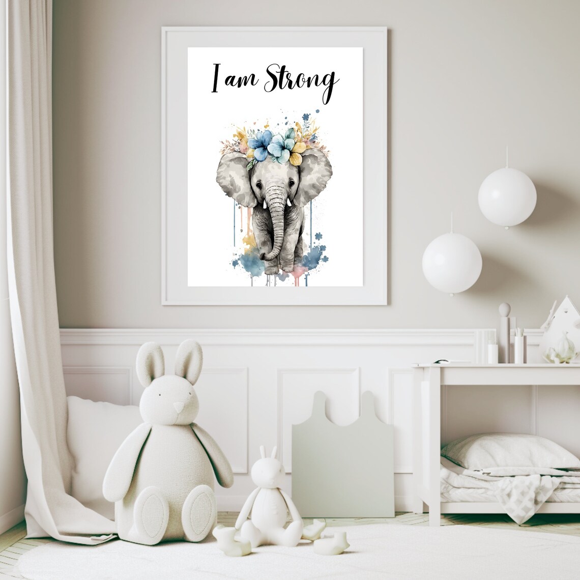 I Am Strong Elephant Flower Crown Nursery Watercolor Art Print - Image 5