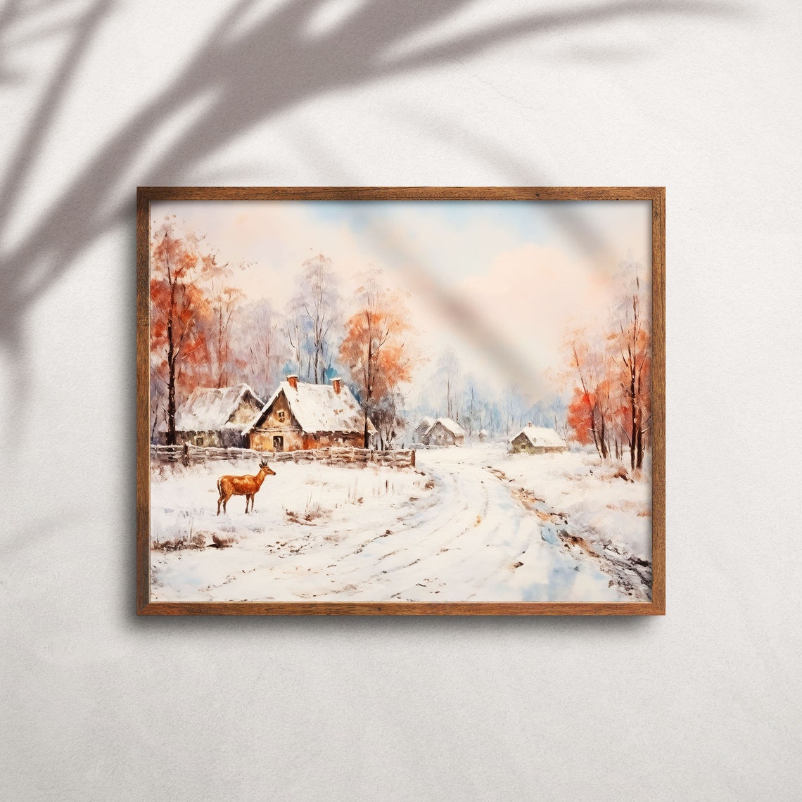 Winter Cabin Deer Snowy Woods Pink Dusk Cozy Christmas Poster - Image 3