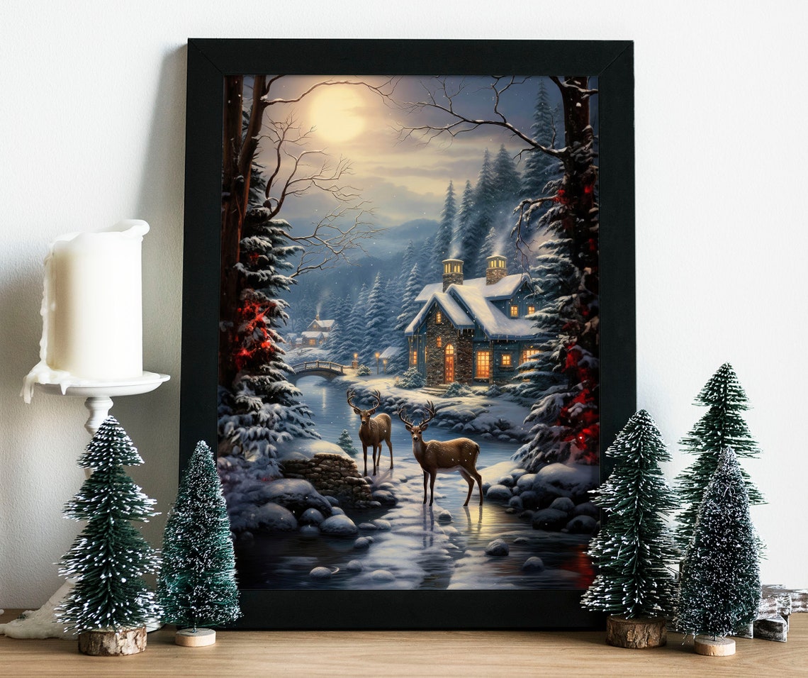 Two Deer Moonlit Stream Cozy Cabin Snowy Forest Night Poster - Image 5