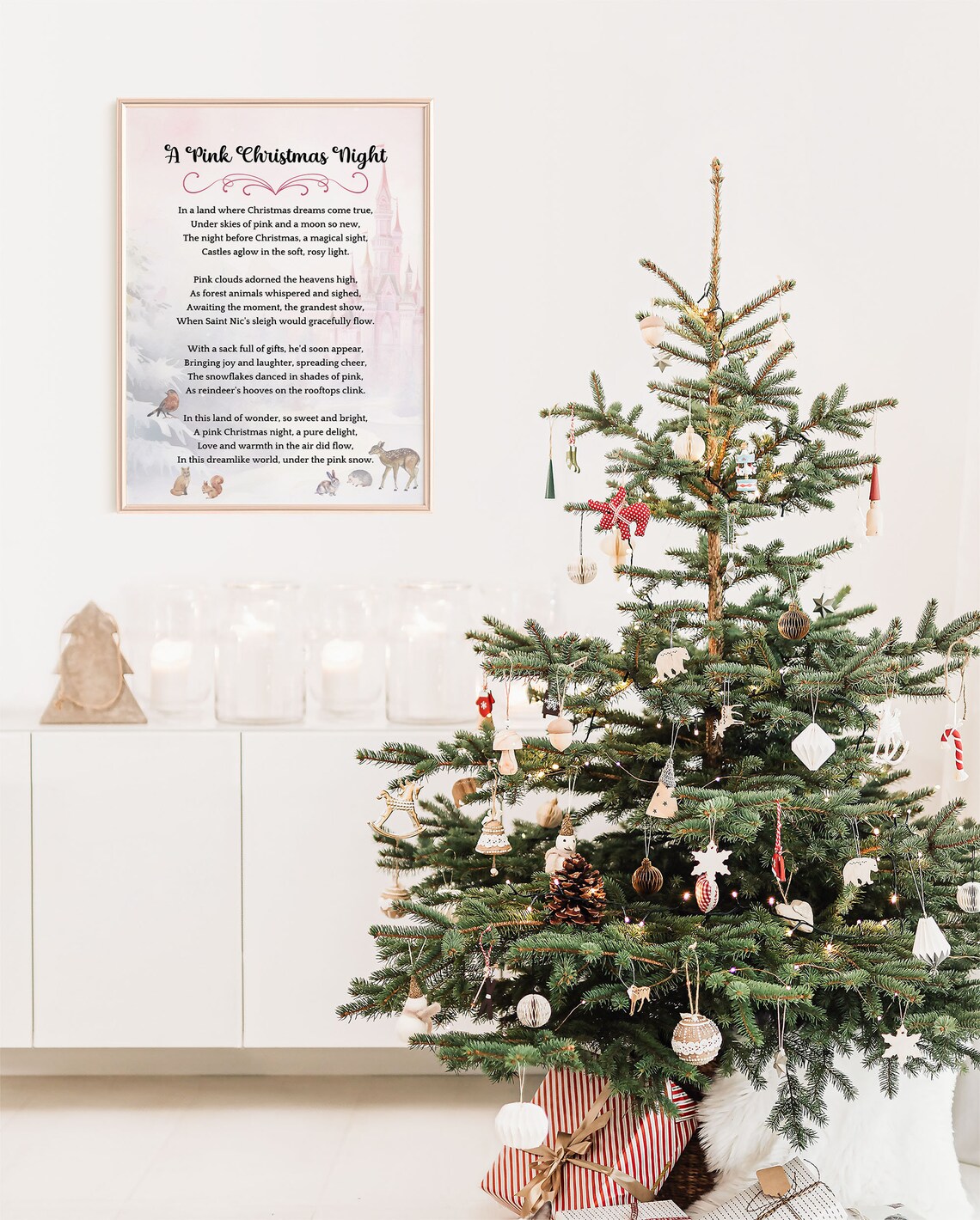 A Pink Christmas Night Poem Castle Woodland Holiday Art Poster - Image 8