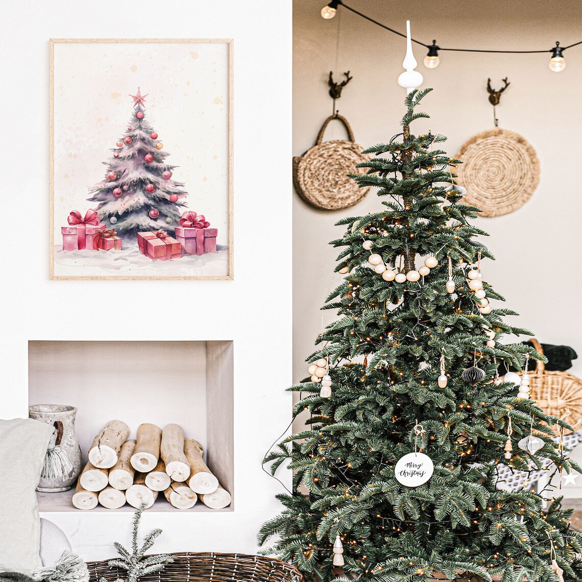 Blush Pink Christmas Tree Watercolor Ornaments Gifts Wall Poster - Image 3