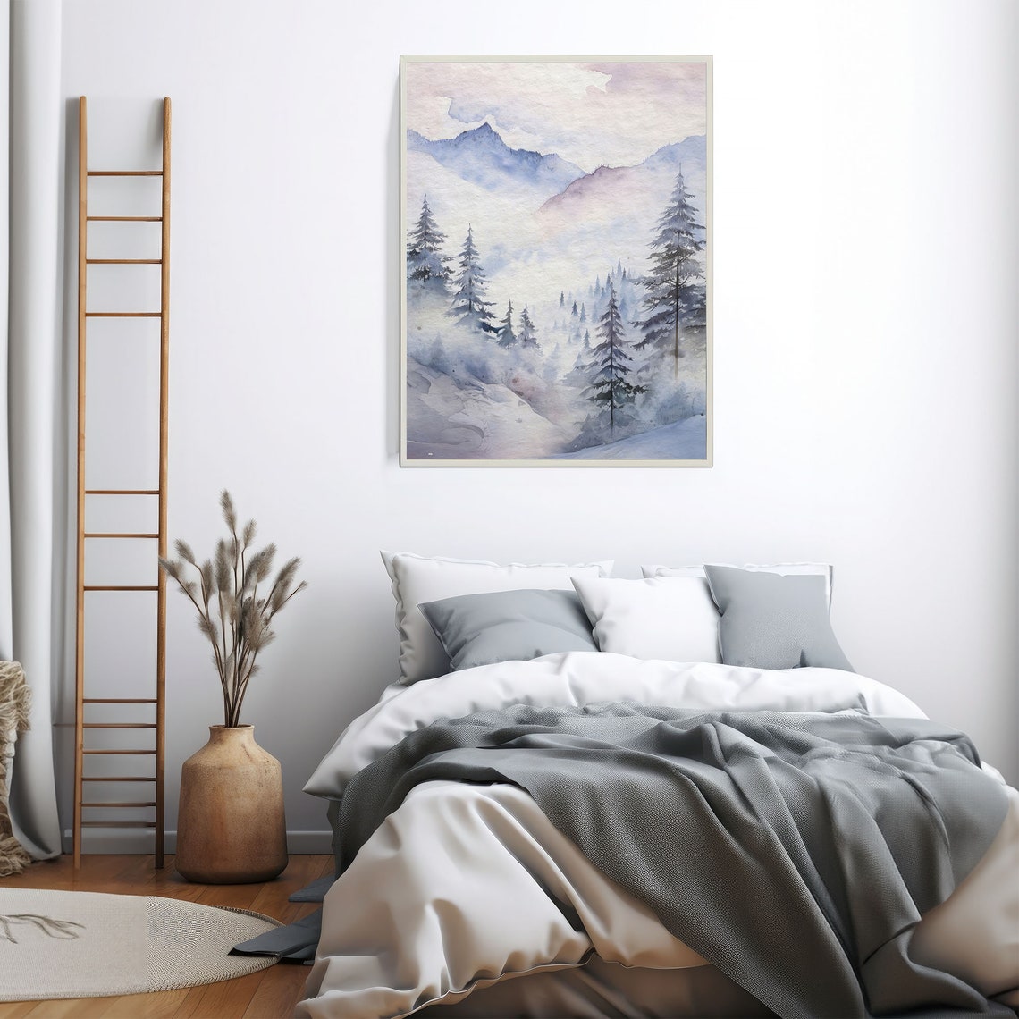Snowy Mountain Forest Mist Winter Watercolor Landscape Art Print - Image 3