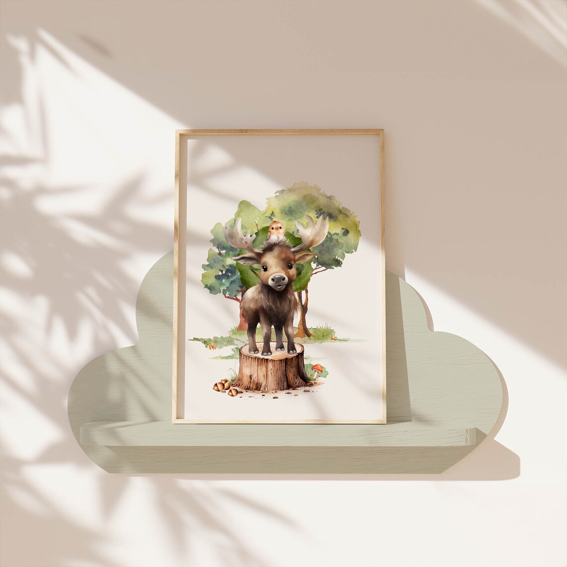 Baby Moose Tree Stump Tiny Owl Watercolor Woodland Nursery Poster - Image 5