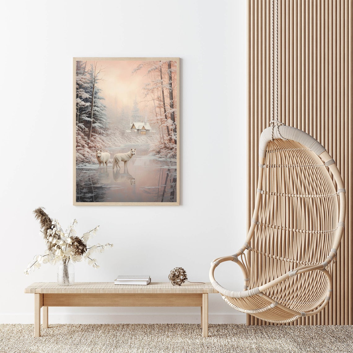 Two White Wolves at a Frozen Lake with Snowy Cabin Winter Print - Image 5