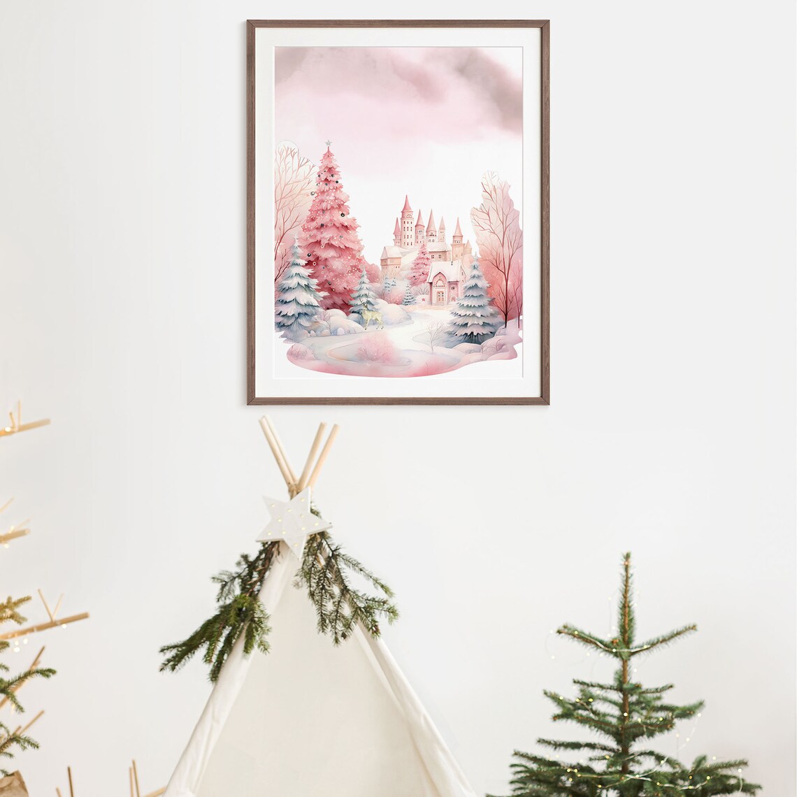 Pink Christmas Winter Wonderland Castle Pink Tree Watercolor Poster - Image 5