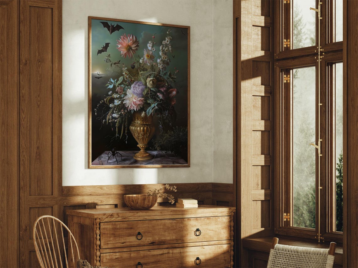 Dark Floral Still Life Bats Spider Gothic Halloween Art Poster - Image 3