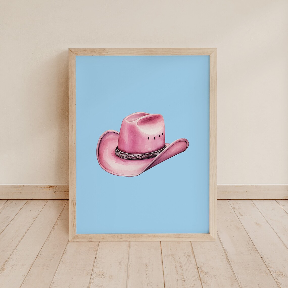 Pink Cowboy Hat on Blue Background Watercolor Western Wall Art - Image 8