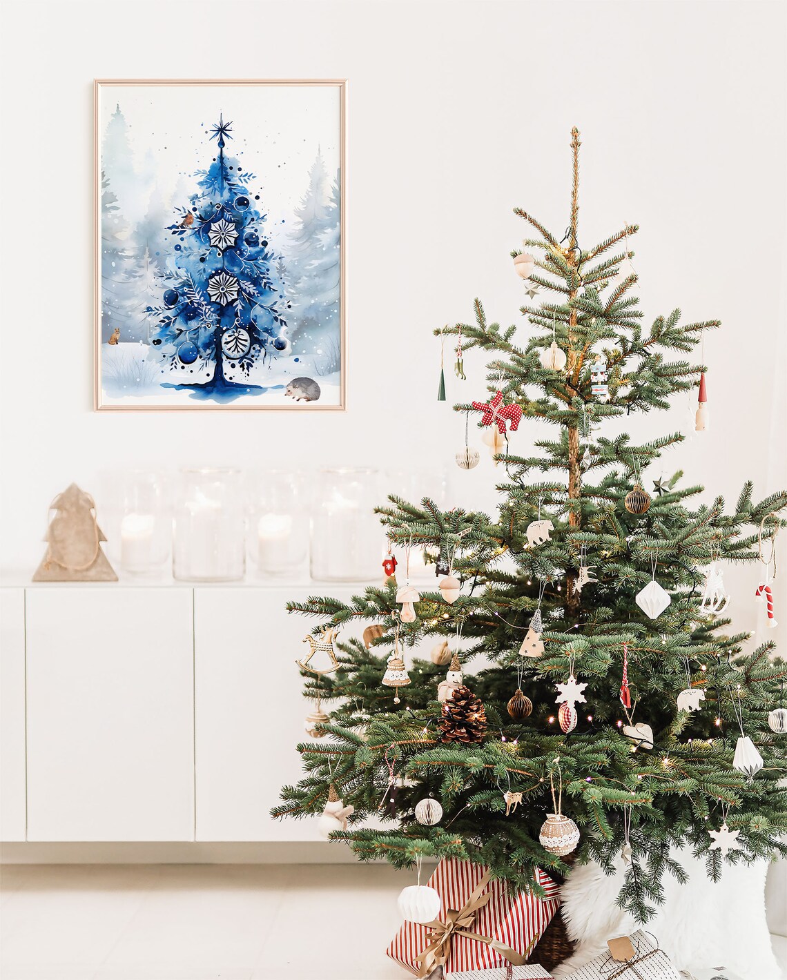 Blue Christmas Tree Ornaments Snowy Watercolor Holiday Art Print - Image 5