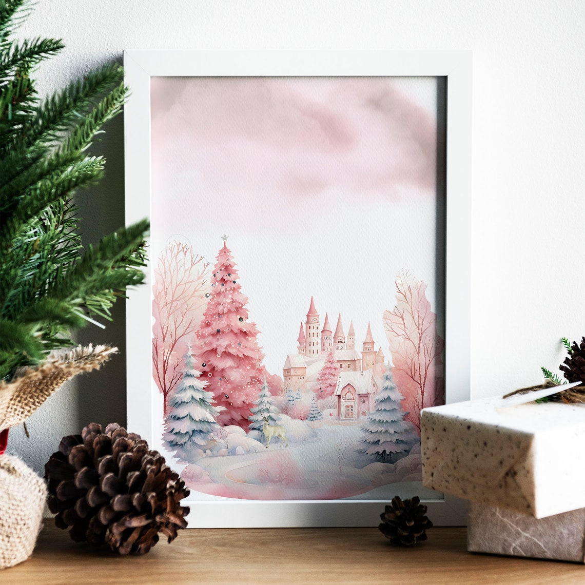 Pink Christmas Winter Wonderland Castle Pink Tree Watercolor Poster - Image 7