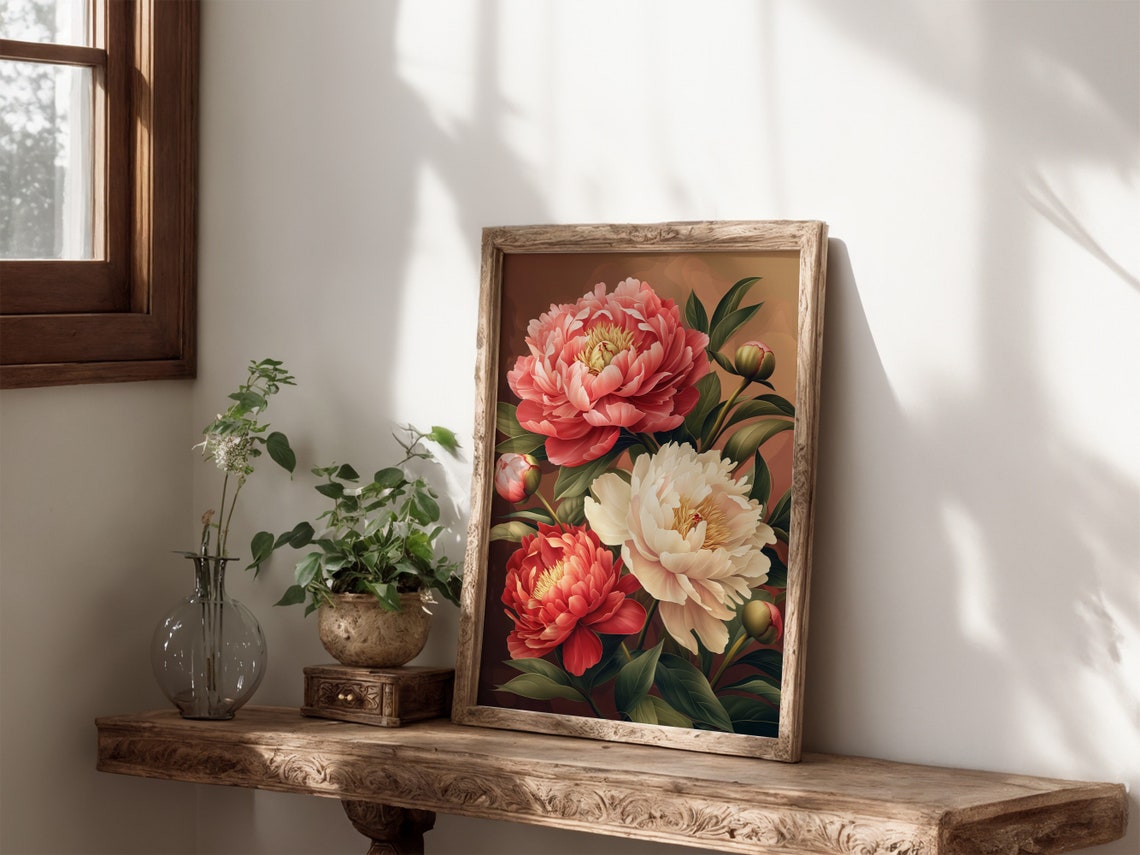 Peony Blooms Buds Warm Copper Background Vintage Botanical Poster - Image 5