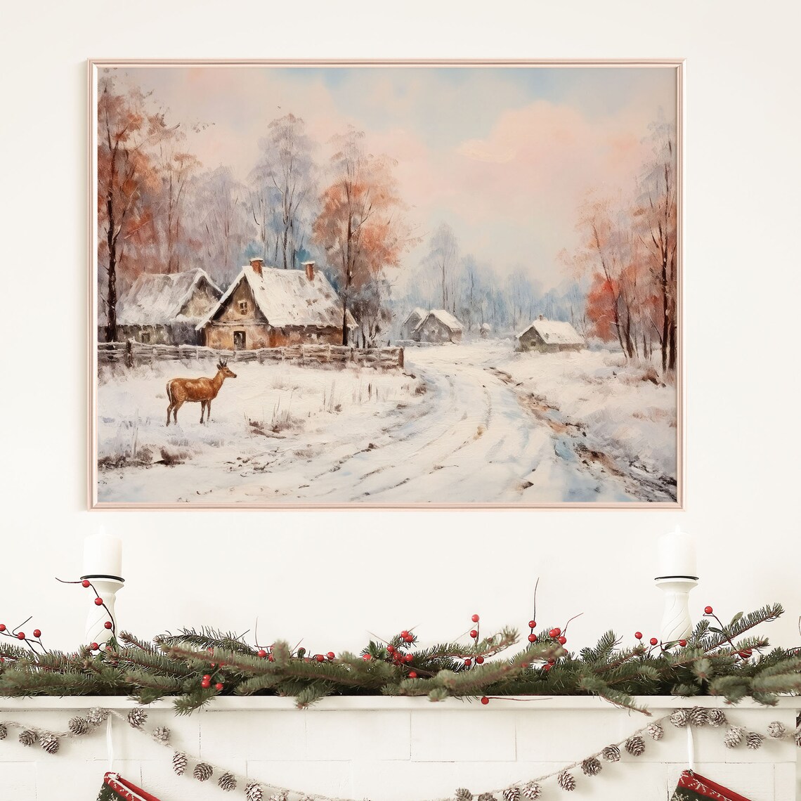 Winter Cabin Deer Snowy Woods Pink Dusk Cozy Christmas Poster - Image 7