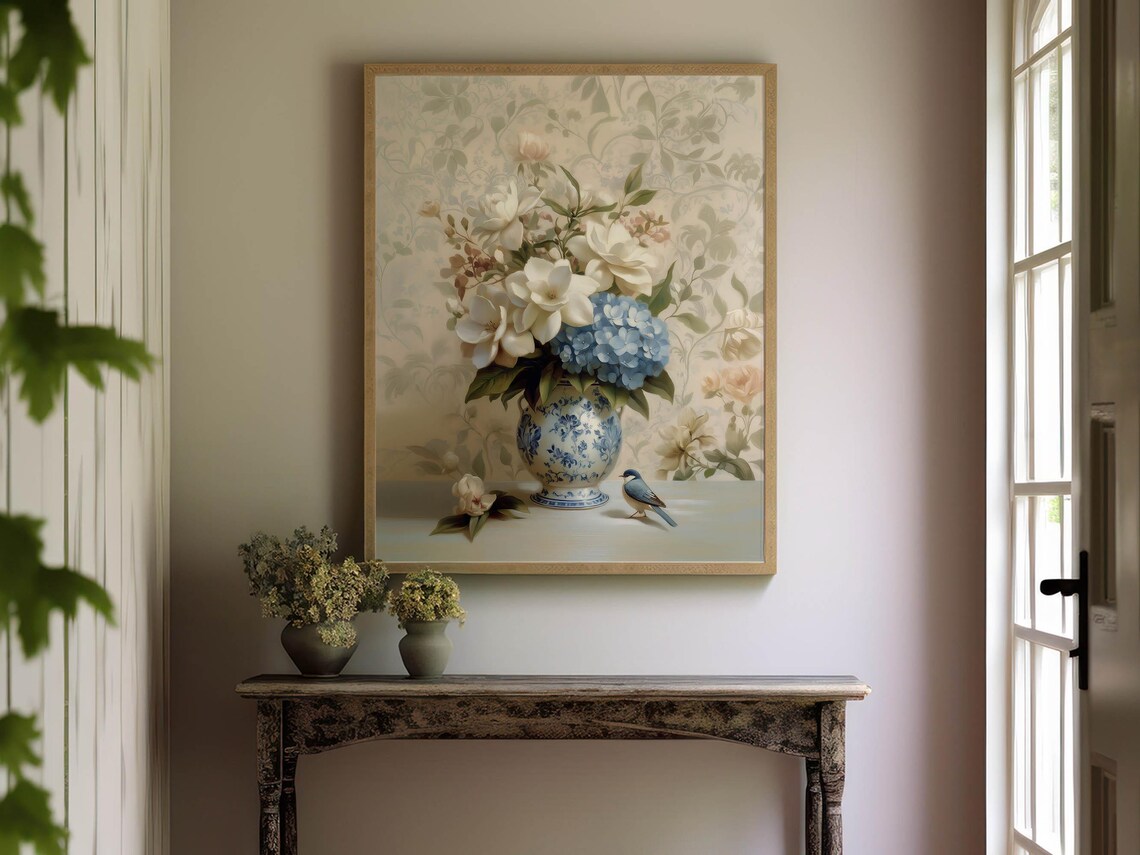 Chinoiserie Blue Vase with Hydrangea and Gardenias Art Print - Image 7