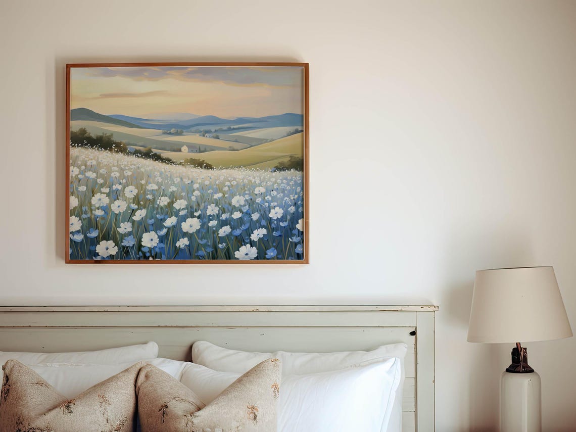 Blue and White Wildflower Meadow Sunset Hillside Country Art Print - Image 3